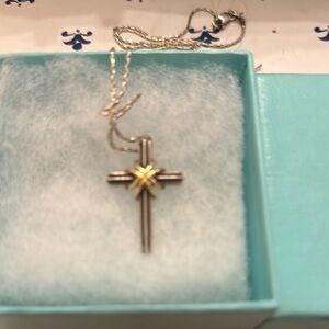 Tiffany Silver and Gold Cross Pendant Necklace